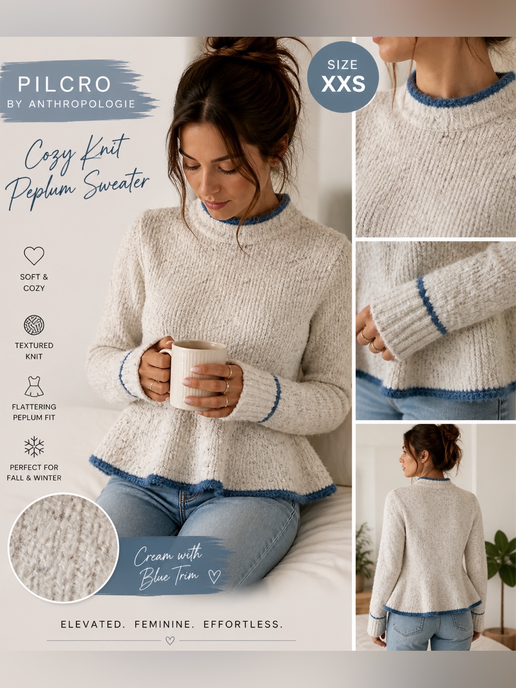 Anthropologie Sweater Xxs Cream Blue Trim Peplum Knit Cozy Soft